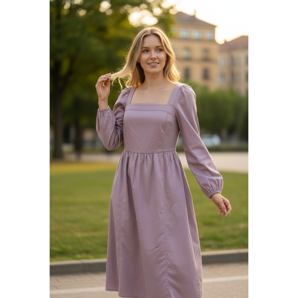 NWT Ava & Viv 1X Midi Dress Mauve Boho Balloon Sleeve Square Neck A-Line Flowy